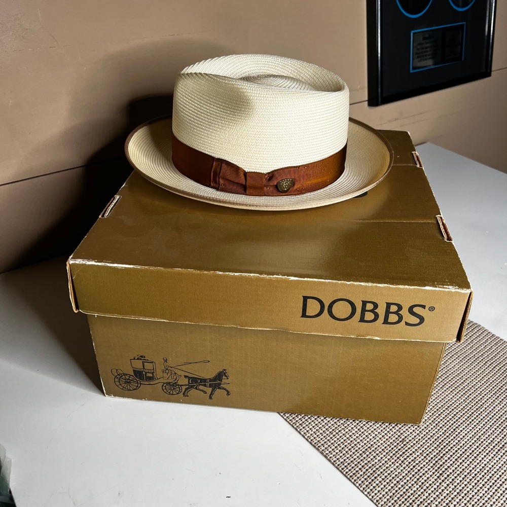 Dobbs Fifth Avenue Bradshaw C Straw Fedora Hat Ivory Cognac Band Size 7 5/8 USA